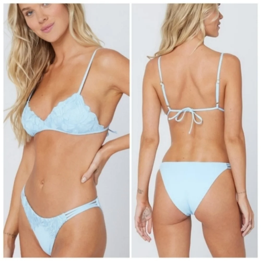 L*Space Jean Top Claude Bottoms Bikini Full Set Blue Satin Swimsuit Swim